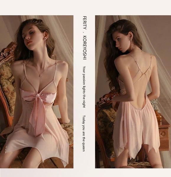 Váy ngủ cột nơ trước ngực Reel Dress S2324 voan ren phối satin siêu gợi cảm quyến rũ kèm quần lọt khe Bralettehousevn