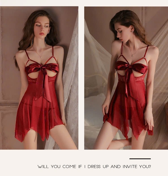 Váy ngủ cột nơ trước ngực Reel Dress S2324 voan ren phối satin siêu gợi cảm quyến rũ kèm quần lọt khe Bralettehousevn
