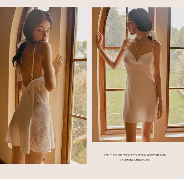 Váy ngủ satin cao cấp Allury Dress S2329 phối bản ren xuyên thấu cổ đổ gợi cảm Bralettehousevn