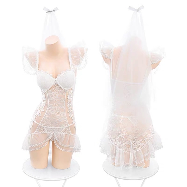 Set cosplay hoá trang cô dâu Soulmate Set S1803 ren gợi cảm form dài có gọng mút đệm Bralettehousevn