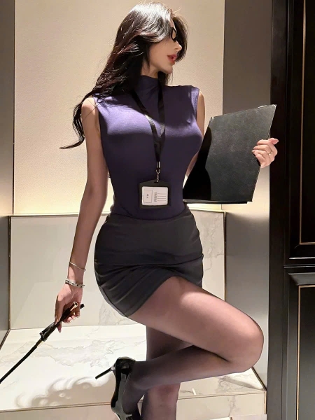 Bộ đồ cosplay thư kí Checked Set kèm bảng tên kín đáo gợi cảm ôm sát Bralettehousevn