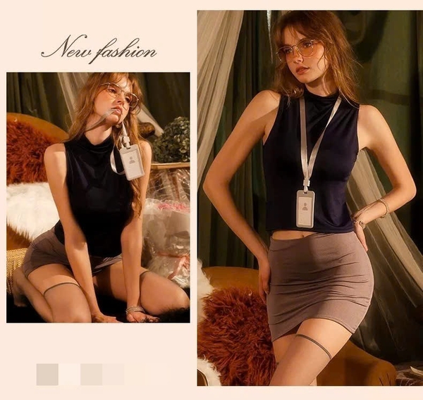 Bộ đồ cosplay thư kí Checked Set kèm bảng tên kín đáo gợi cảm ôm sát Bralettehousevn