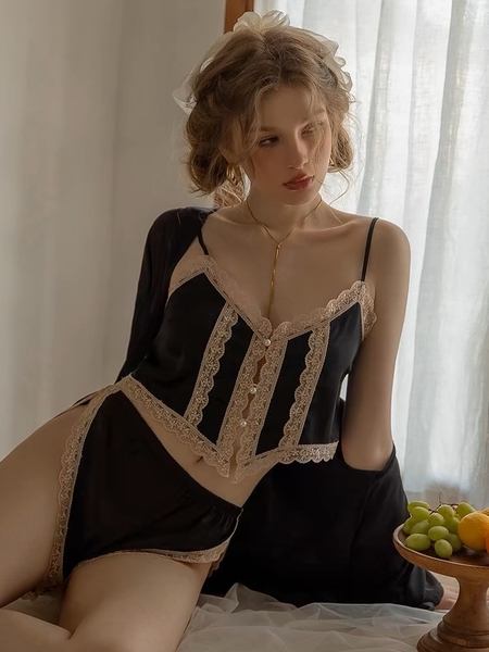 S1732 Shining Set đồ ngủ nữ dây mảnh kèm quần short chất satin cao cấp kèm nút ngọc Bralettehousevn