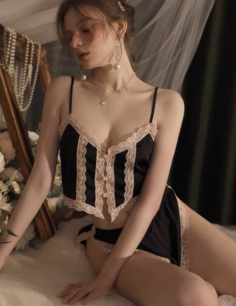 S1732 Shining Set đồ ngủ nữ dây mảnh kèm quần short chất satin cao cấp kèm nút ngọc Bralettehousevn