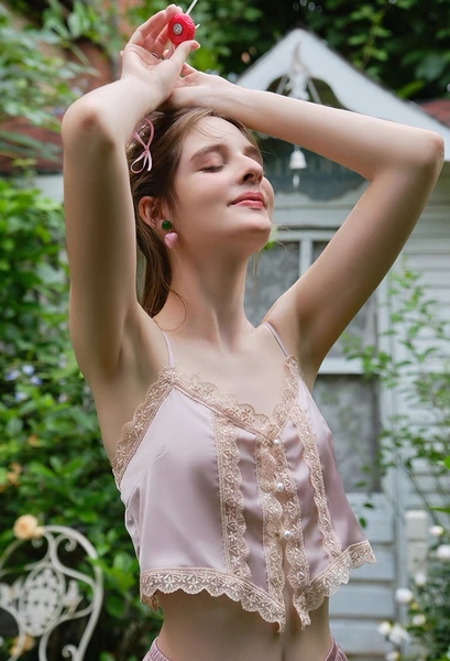 S1732 Shining Set đồ ngủ nữ dây mảnh kèm quần short chất satin cao cấp kèm nút ngọc Bralettehousevn