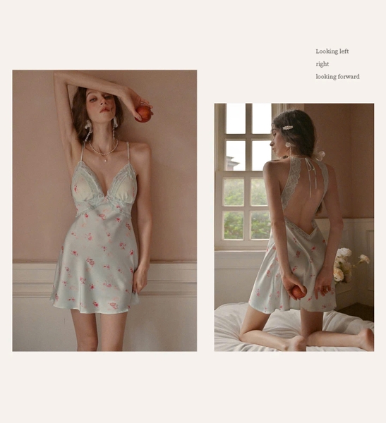 Đầm váy ngủ satin cao cấp Blomma Dress S2630 in hoa mềm mại phối ren sang trọng nữ tính Bralettehousevn