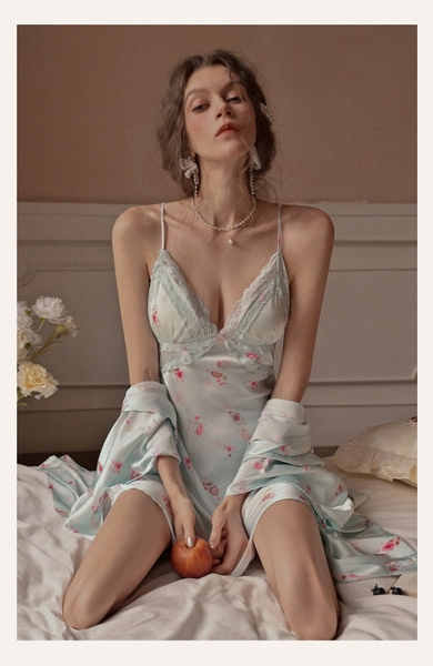 Đầm váy ngủ satin cao cấp Blomma Dress S2630 in hoa mềm mại phối ren sang trọng nữ tính Bralettehousevn