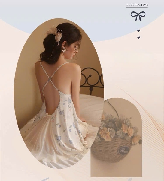 Váy ngủ nữ satin hoạ tiết Lerry Dress S2555xẻ tà gợi cảm hoạ tiết fruit nữ tính thanh lịch Bralettehousevn