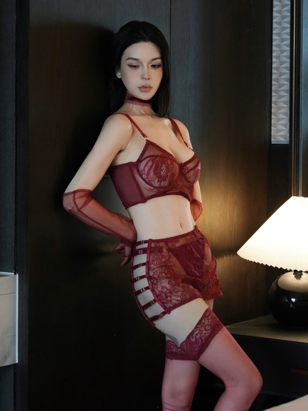Bộ đồ lót kèm chân váy Hardness Set ren cut out gợi cảm xuyên thấu dáng áo corset Bralettehousevn