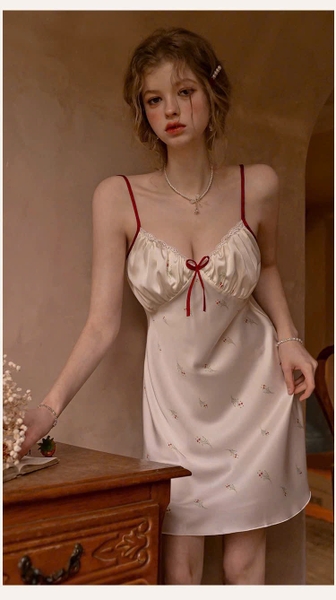 Đầm váy ngủ lụa satin cao cấp Wuci Dress in hoạ tiết hoa cherry dễ thương nữ tính mùa hè Bralettehousevn