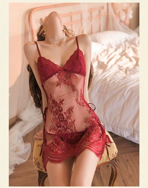 [Kèm quần] Đầm váy ngủ nữ cột tà ren xuyên thấu Swell Dress S2348 mỏng tang quyến rũ gợi cảm Bralettehousevn