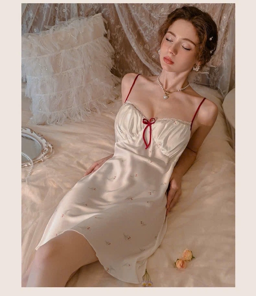 Đầm váy ngủ lụa satin cao cấp Wuci Dress in hoạ tiết hoa cherry dễ thương nữ tính mùa hè Bralettehousevn