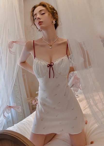 Đầm váy ngủ lụa satin cao cấp Wuci Dress in hoạ tiết hoa cherry dễ thương nữ tính mùa hè Bralettehousevn