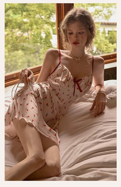 Đầm váy ngủ lụa satin cao cấp Wuci Dress in hoạ tiết hoa cherry dễ thương nữ tính mùa hè Bralettehousevn