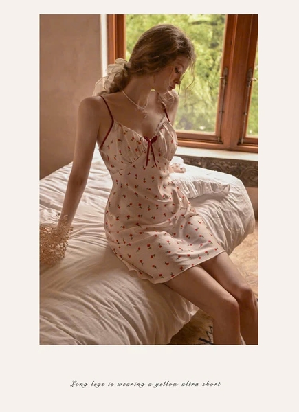 Đầm váy ngủ lụa satin cao cấp Wuci Dress in hoạ tiết hoa cherry dễ thương nữ tính mùa hè Bralettehousevn