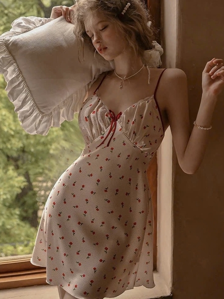 Đầm váy ngủ lụa satin cao cấp Wuci Dress in hoạ tiết hoa cherry dễ thương nữ tính mùa hè Bralettehousevn