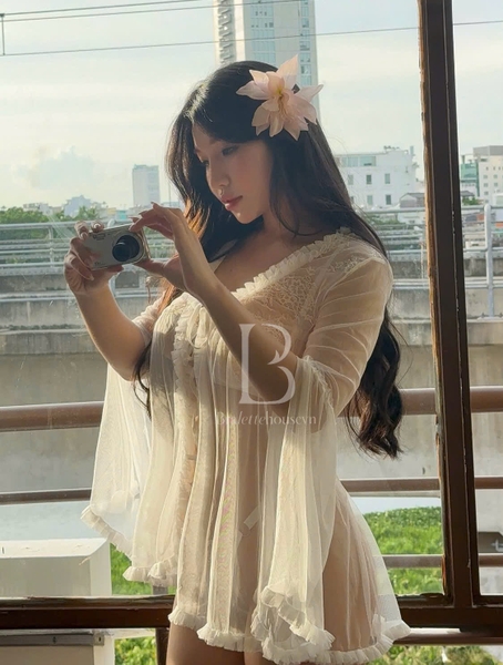 [KÈM QUẦN] Choàng váy ngủ 2 in 1 Mashmallow dress cột dây phối ren xuyên thấu cao cấp nữ tính tay xoè phối nơ đính kèmhack dáng