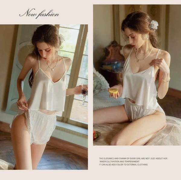 Bộ đồ ngủ cổ yếm Elire Set kèm quần short bản lưng ren cao cấp sang trọng nữ tính Bralettehousevn