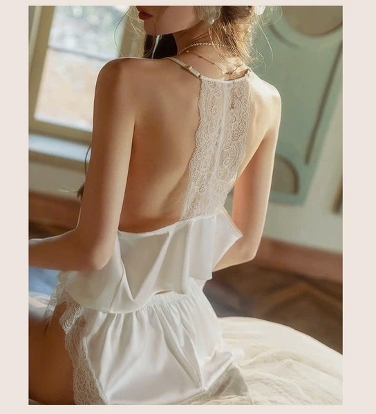 Bộ đồ ngủ cổ yếm Elire Set kèm quần short bản lưng ren cao cấp sang trọng nữ tính Bralettehousevn
