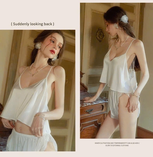 Bộ đồ ngủ cổ yếm Elire Set kèm quần short bản lưng ren cao cấp sang trọng nữ tính Bralettehousevn