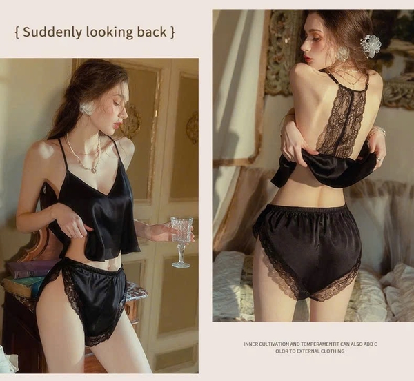 Bộ đồ ngủ cổ yếm Elire Set kèm quần short bản lưng ren cao cấp sang trọng nữ tính Bralettehousevn