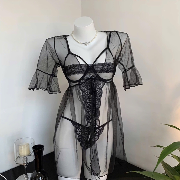 (Kèm choàng) Bộ đồ lót Rei Bodysuit S2504 kèm choàng chất ren phối xuyên thấu mỏng gợi cảm Bralettehousevn