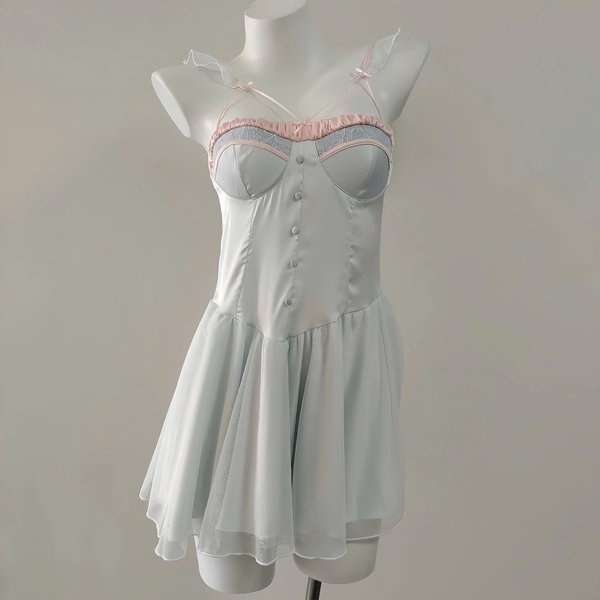 Đầm váy ngủ satin Belle Dress baby blue phối viền hồng tiểu thư cao cấp Bralettehousevn