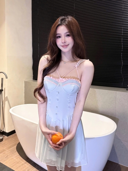 Đầm váy ngủ satin Belle Dress baby blue phối viền hồng tiểu thư cao cấp Bralettehousevn