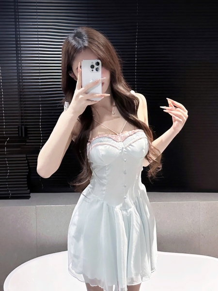 Đầm váy ngủ satin Belle Dress baby blue phối viền hồng tiểu thư cao cấp Bralettehousevn