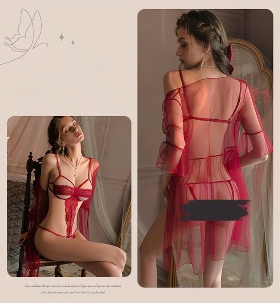 (Kèm choàng) Bộ đồ lót Rei Bodysuit S2504 kèm choàng chất ren phối xuyên thấu mỏng gợi cảm Bralettehousevn