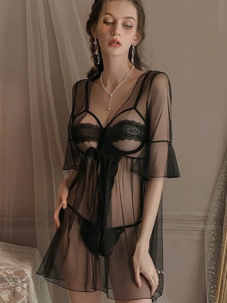 (Kèm choàng) Bộ đồ lót Rei Bodysuit S2504 kèm choàng chất ren phối xuyên thấu mỏng gợi cảm Bralettehousevn