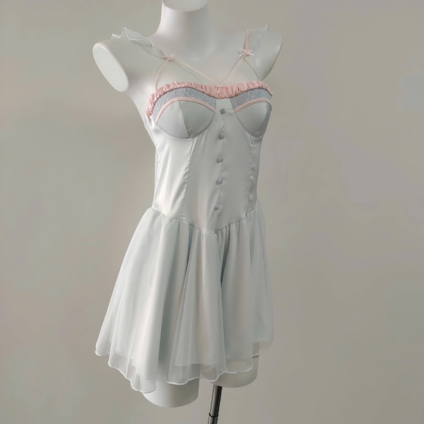 Đầm váy ngủ satin Belle Dress baby blue phối viền hồng tiểu thư cao cấp Bralettehousevn