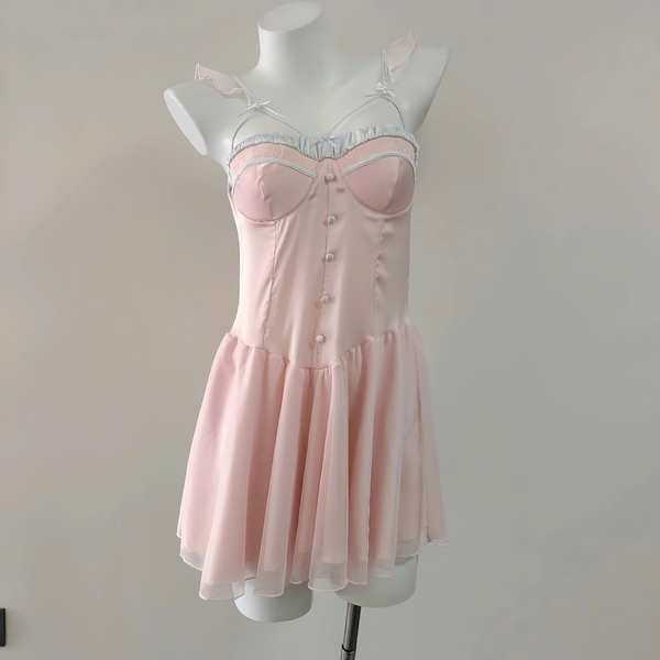 Đầm váy ngủ satin Belle Dress baby blue phối viền hồng tiểu thư cao cấp Bralettehousevn