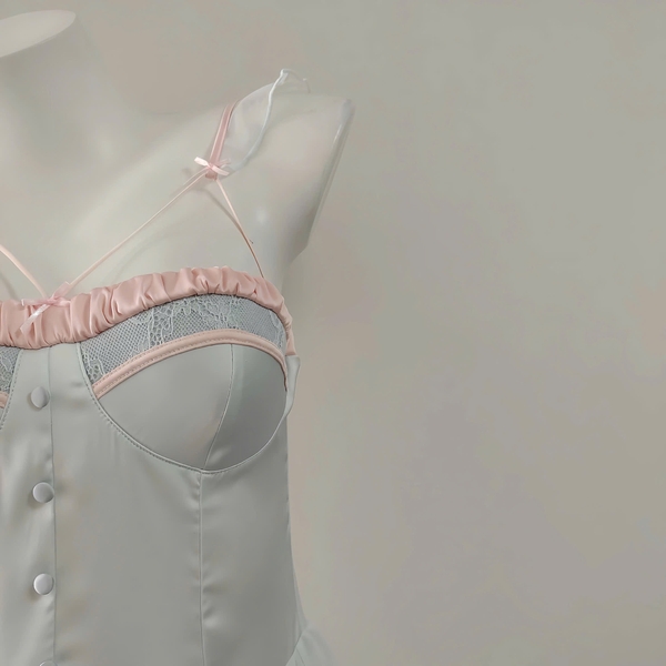 Đầm váy ngủ satin Belle Dress baby blue phối viền hồng tiểu thư cao cấp Bralettehousevn