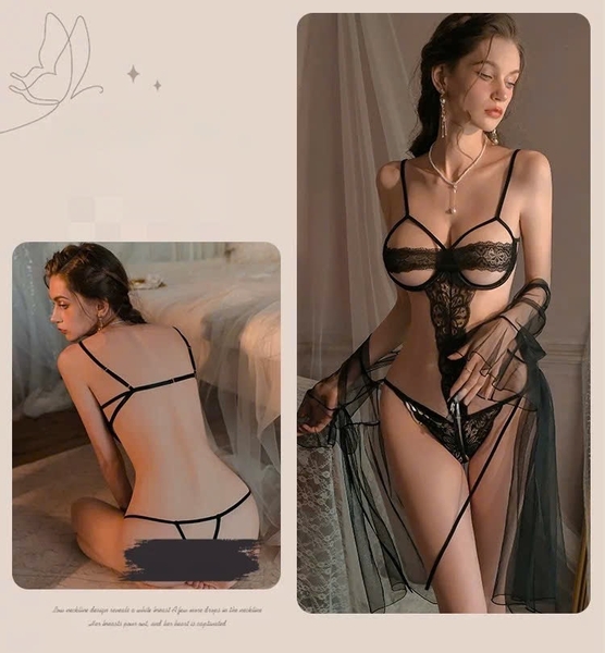 (Kèm choàng) Bộ đồ lót Rei Bodysuit S2504 kèm choàng chất ren phối xuyên thấu mỏng gợi cảm Bralettehousevn