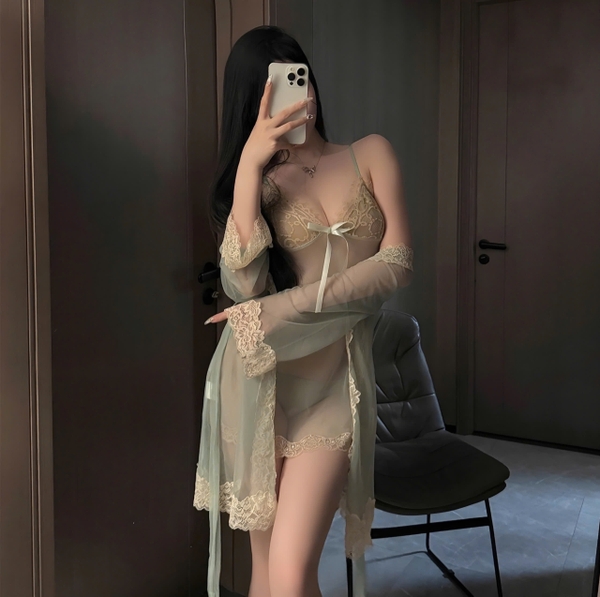 [Kèm quần] Đầm ngủ nữ voan xuyên thấu Pizy Dress S2357 Choàng Nizy S2358 phối ren gợi cảm trong suốt cao cấp Bralettehousevn