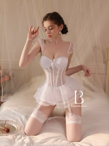Đầm váy nữ 𝐒𝟐𝟎𝟕𝟒 𝐁𝐎𝐑𝐀 𝐂𝐎𝐑𝐒𝐄𝐓 phong cách balletcore dáng corset có xương định hình phối bèo thiên thần tiểu thư nữ tính Bralettehousevn