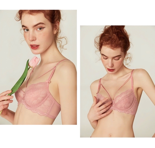 Set đồ lót ren nữ Lace Creamy Bra Set S652 kiểu 2 dây chéo xuyên thấu gợi cảm cao cấp kèm quần có gọng Bralettehousevn