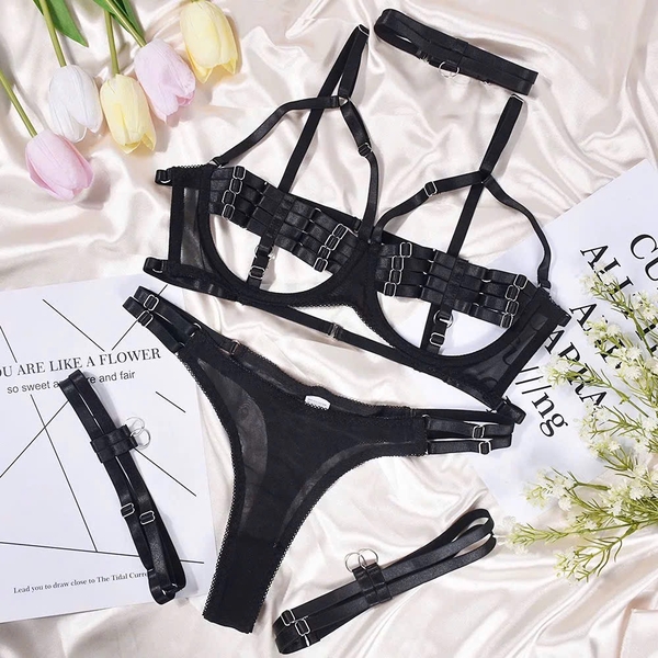 [KÈM ĐAI] Bộ đồ lót nữ Cage Set S2475 chất da PU có gọng phối khoen gợi cảm táo bạo Bralettehousevn