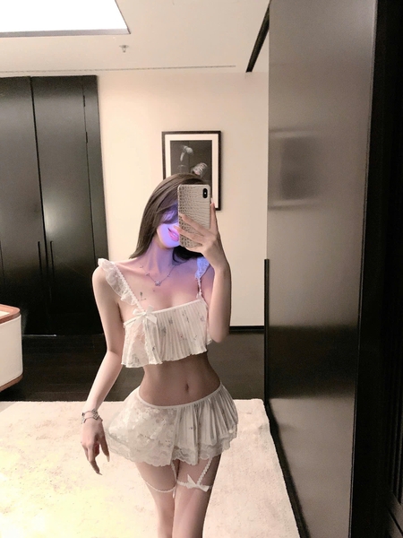 [KÈM ĐAI] Bộ đồ ngủ nữ satin Meochan Set S2549 cao cấp phối ren xoè bèo công chúa kèm quần short Bralettehousevn