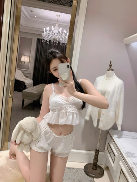 Bộ đồ ngủ 2 dây chất xô Niza Set S2279 tiểu thư cao cấp kèm quần short dáng bồng quyến rũ cho nữ Bralettehousevn