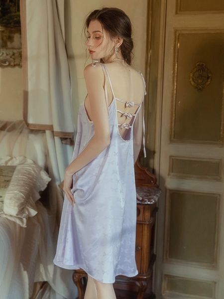 Váy ngủ satin cao cấp nữ Seli Dress S2561 mặc được 2 kiểu babydoll nữ tính thoải mái đính nơ cột dây Bralettehousevn