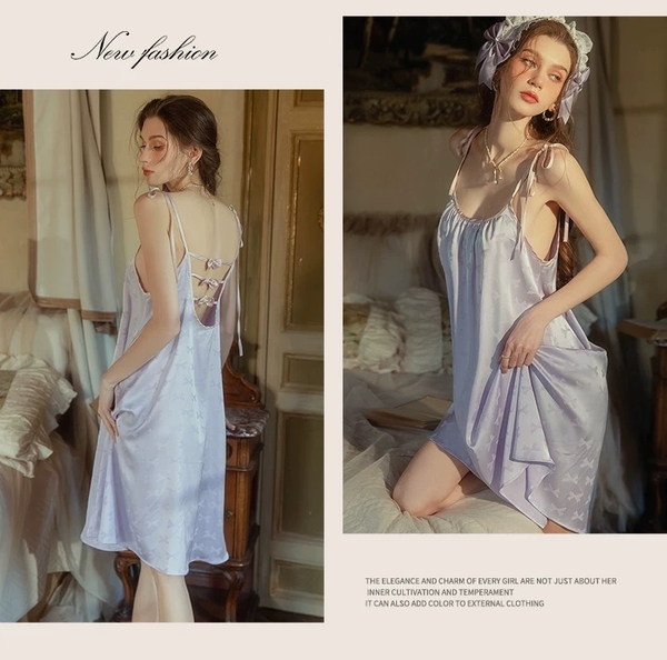 Váy ngủ satin cao cấp nữ Seli Dress S2561 mặc được 2 kiểu babydoll nữ tính thoải mái đính nơ cột dây Bralettehousevn
