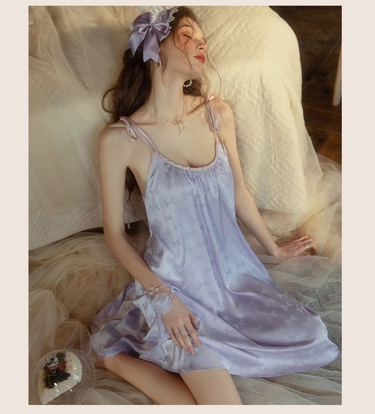 Váy ngủ satin cao cấp nữ Seli Dress S2561 mặc được 2 kiểu babydoll nữ tính thoải mái đính nơ cột dây Bralettehousevn