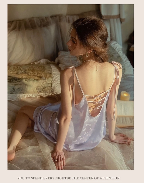 Váy ngủ satin cao cấp nữ Seli Dress S2561 mặc được 2 kiểu babydoll nữ tính thoải mái đính nơ cột dây Bralettehousevn