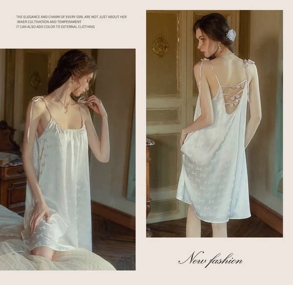 Váy ngủ satin cao cấp nữ Seli Dress S2561 mặc được 2 kiểu babydoll nữ tính thoải mái đính nơ cột dây Bralettehousevn