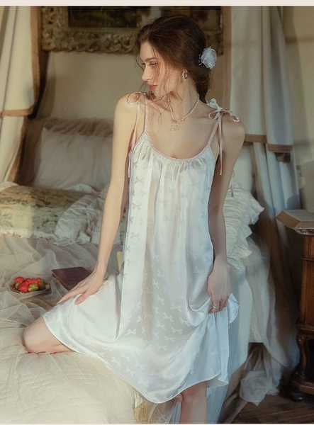 Váy ngủ satin cao cấp nữ Seli Dress S2561 mặc được 2 kiểu babydoll nữ tính thoải mái đính nơ cột dây Bralettehousevn