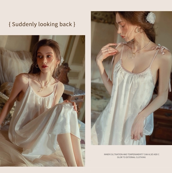 Váy ngủ satin cao cấp nữ Seli Dress S2561 mặc được 2 kiểu babydoll nữ tính thoải mái đính nơ cột dây Bralettehousevn
