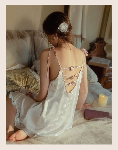 Váy ngủ satin cao cấp nữ Seli Dress S2561 mặc được 2 kiểu babydoll nữ tính thoải mái đính nơ cột dây Bralettehousevn