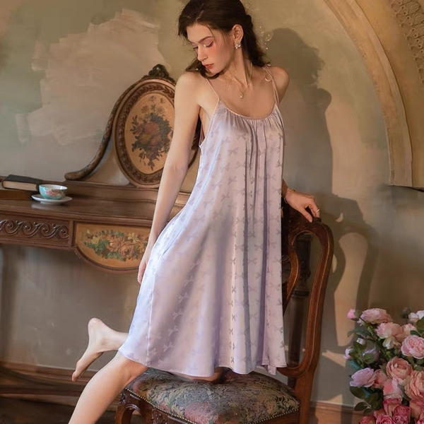 Váy ngủ satin cao cấp nữ Seli Dress S2561 mặc được 2 kiểu babydoll nữ tính thoải mái đính nơ cột dây Bralettehousevn